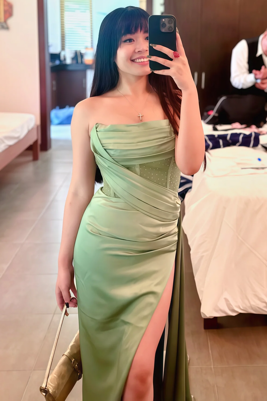 Classy Strapless Fitted Pleats High Slit Long Prom Dress with Rhinestones