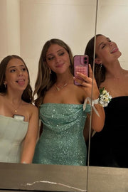 Off-Shoulder Pink Full Sequins Pleats Fitted Long Evening Prom Dress