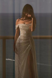 Champagne Off-Shoulder Pleats Sequined Prom Dress with High Slit