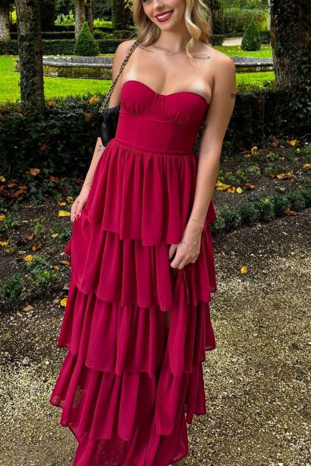 Chic Strapless A-Line Empire-Waist Ruffles Chiffon Formal Prom Dress