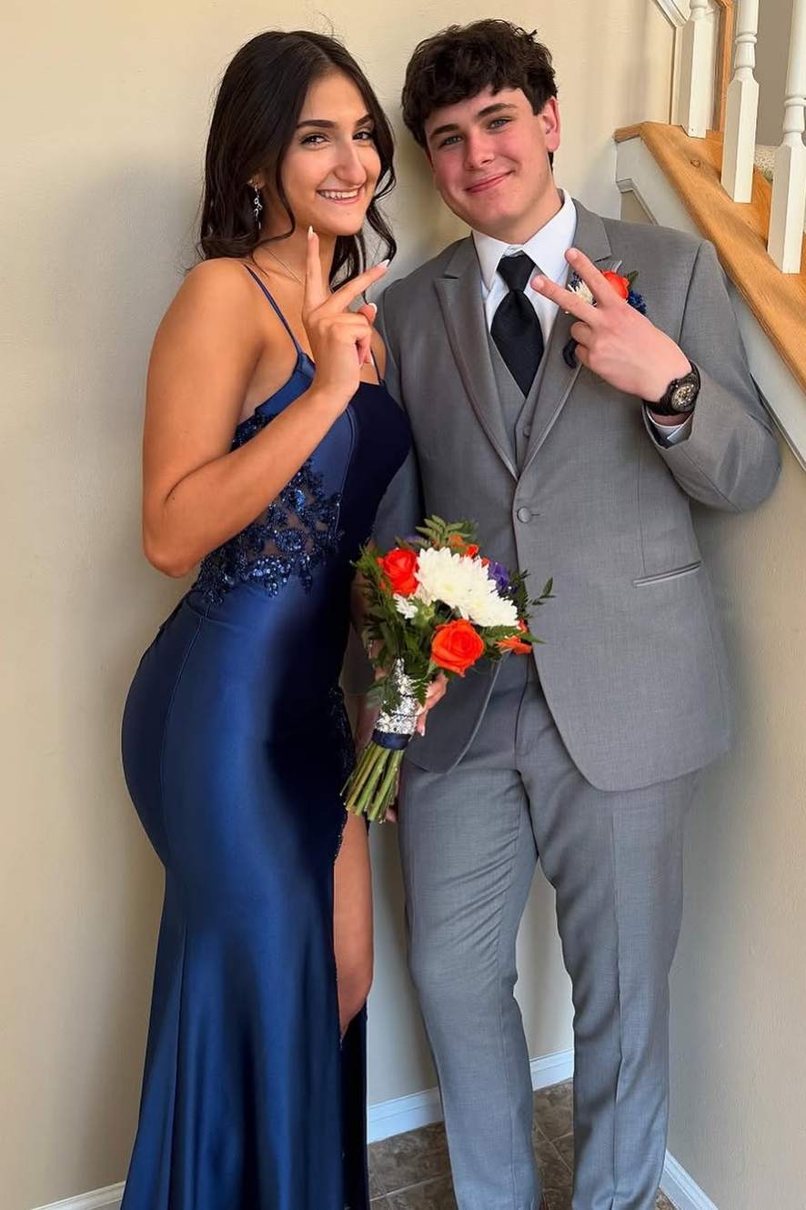 Navy Blue Spaghetti Straps Appliques Square Long Prom Dress with Slit