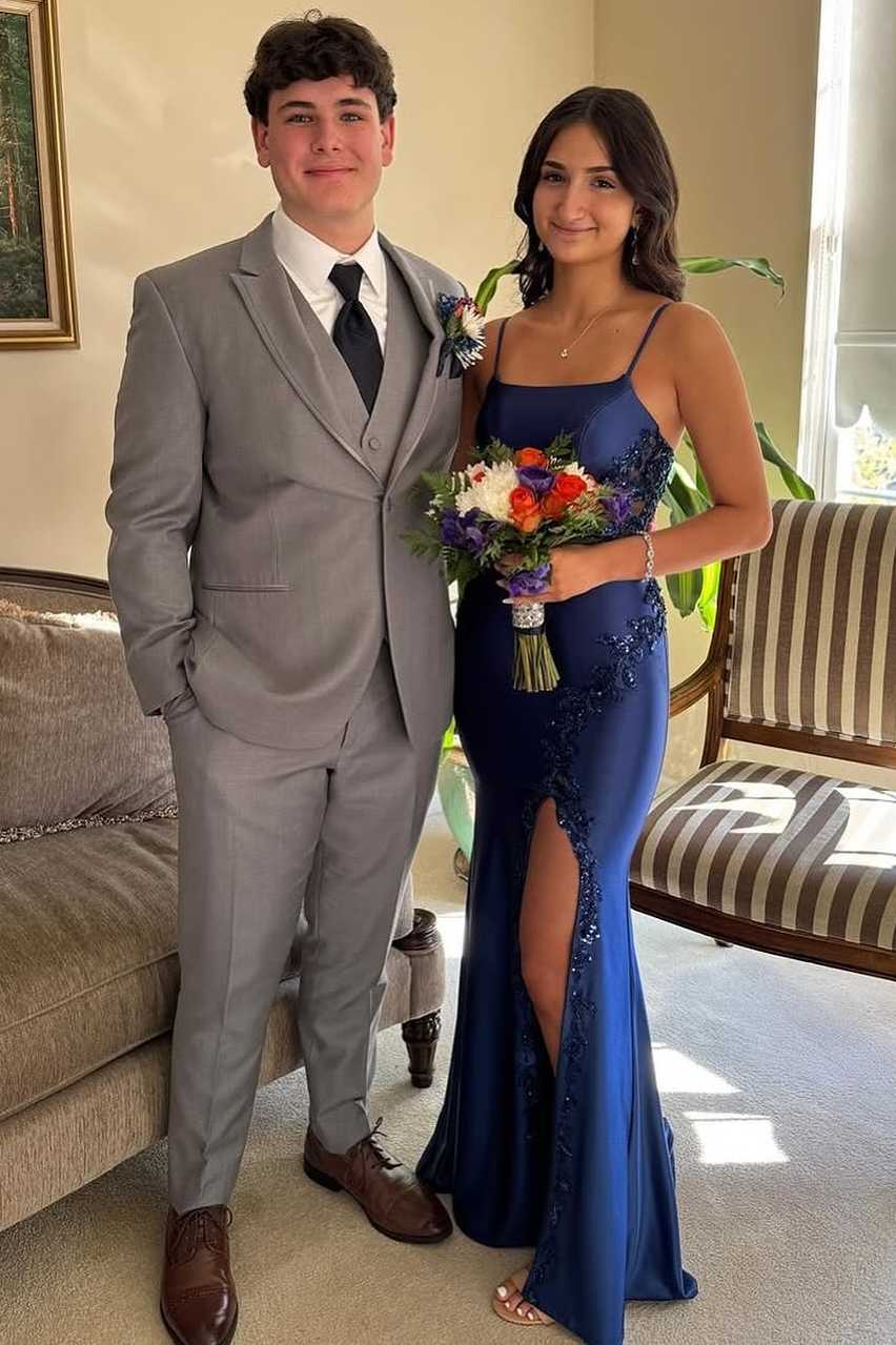 Navy Blue Spaghetti Straps Appliques Square Long Prom Dress with Slit