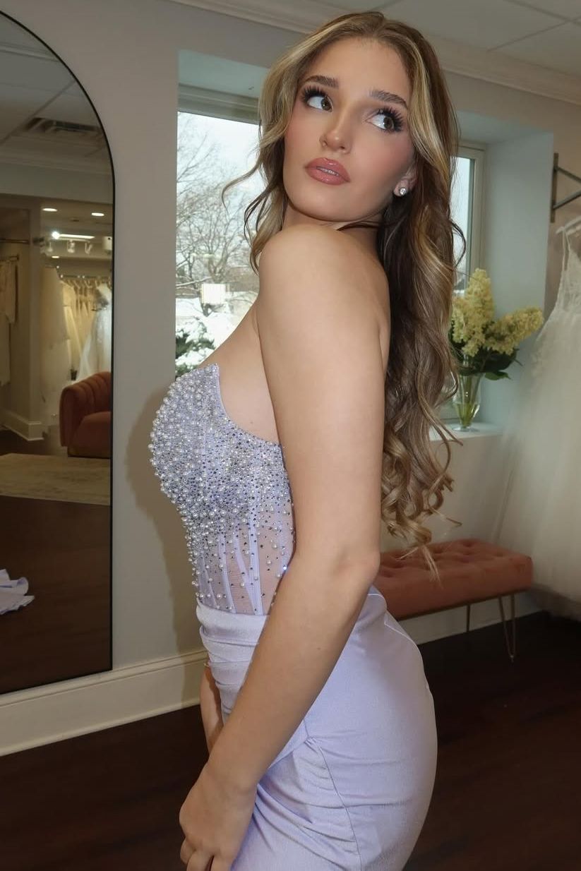 Lilac Strapless Beads Scoop Neck Pleats High Slit Mermaid Prom Dress