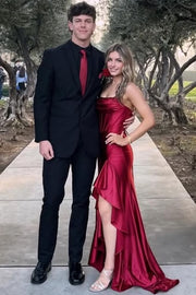 Yellow Strapless Pleats Satin Ruffles Sleeveless Prom Dress with Slit