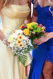 Yellow Strapless Pleats Satin Ruffles Sleeveless Prom Dress with Slit