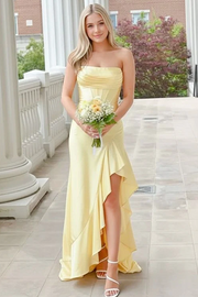 Yellow Strapless Pleats Satin Ruffles Sleeveless Prom Dress with Slit