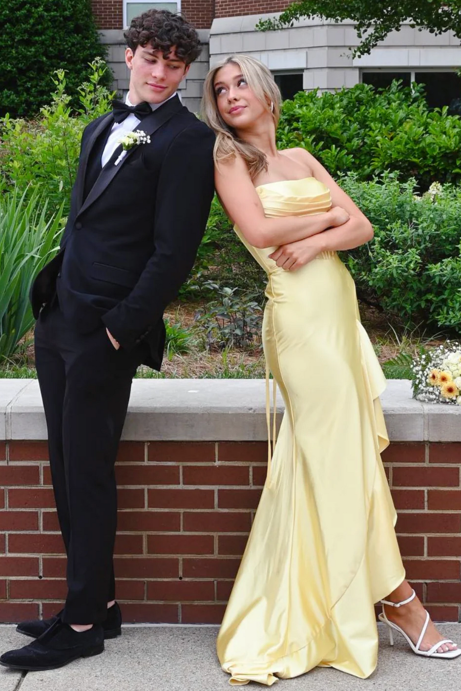 Yellow Strapless Pleats Satin Ruffles Sleeveless Prom Dress with Slit