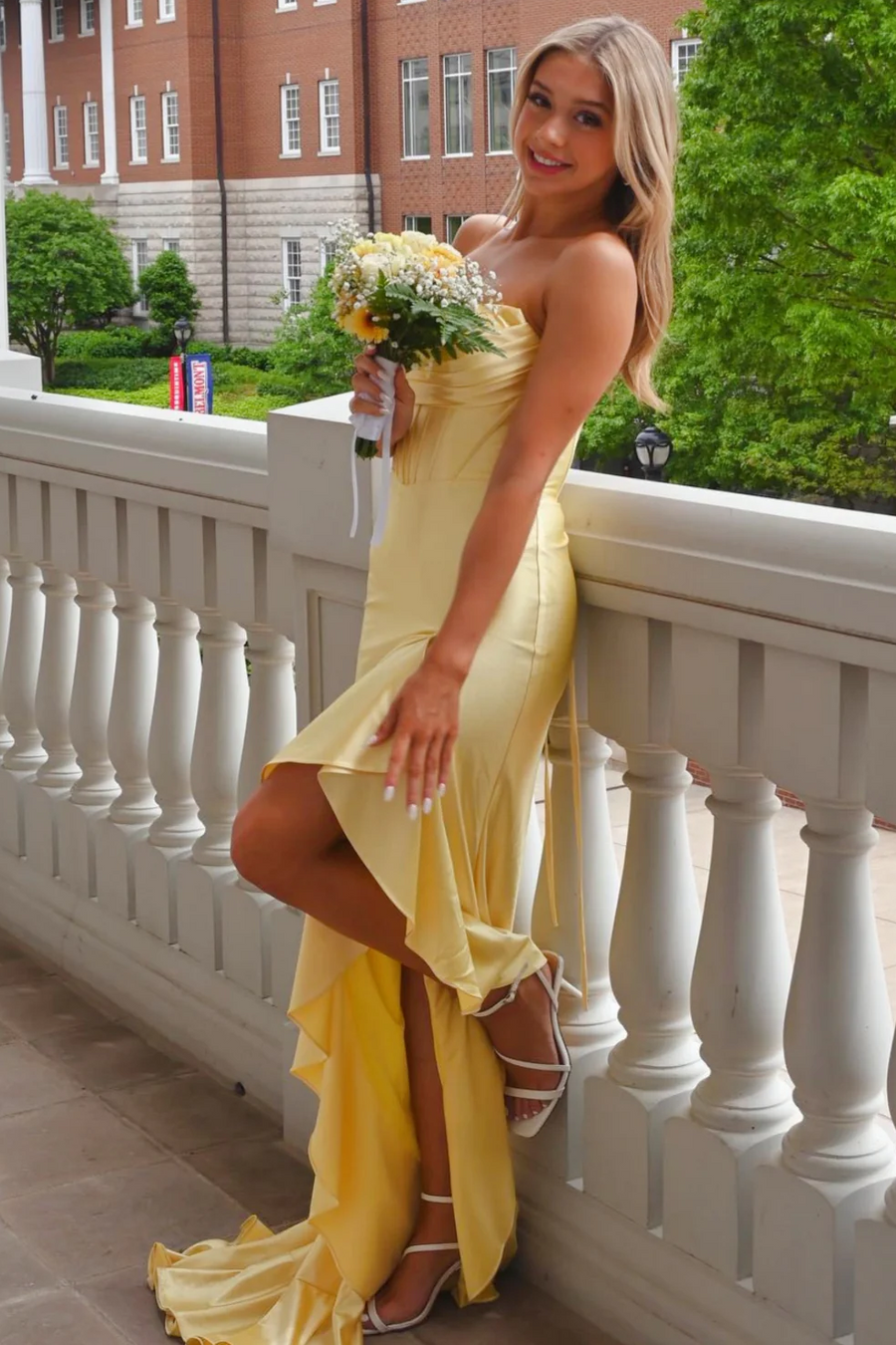 Yellow Strapless Pleats Satin Ruffles Sleeveless Prom Dress with Slit