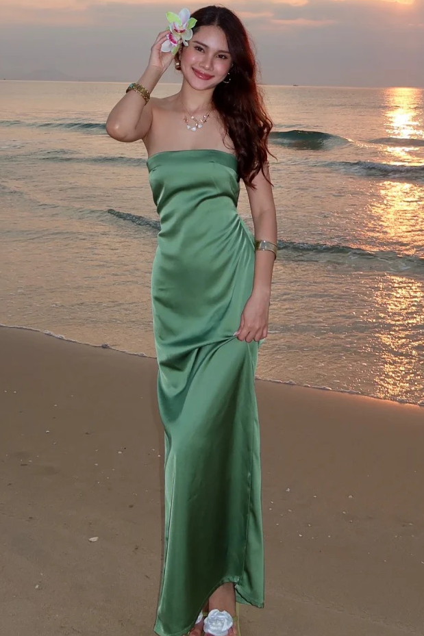 Green Chic Strapless Pleats Satin Silk Long Formal Prom Dress