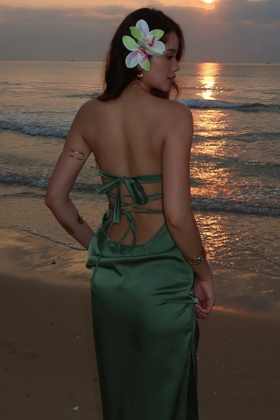 Green Chic Strapless Pleats Satin Silk Long Formal Prom Dress