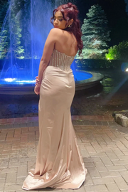 Strapless Scoop Neck Rhinestone Pleats High Slit Long Prom Dress