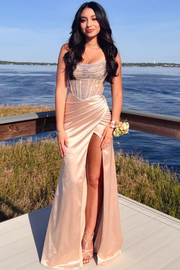 Strapless Scoop Neck Rhinestone Pleats High Slit Long Prom Dress