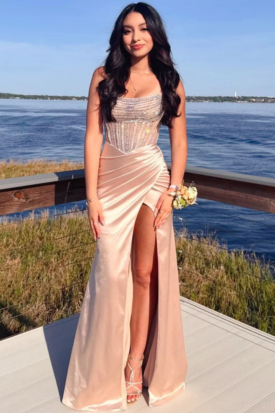 Strapless Scoop Neck Rhinestone Pleats High Slit Long Prom Dress