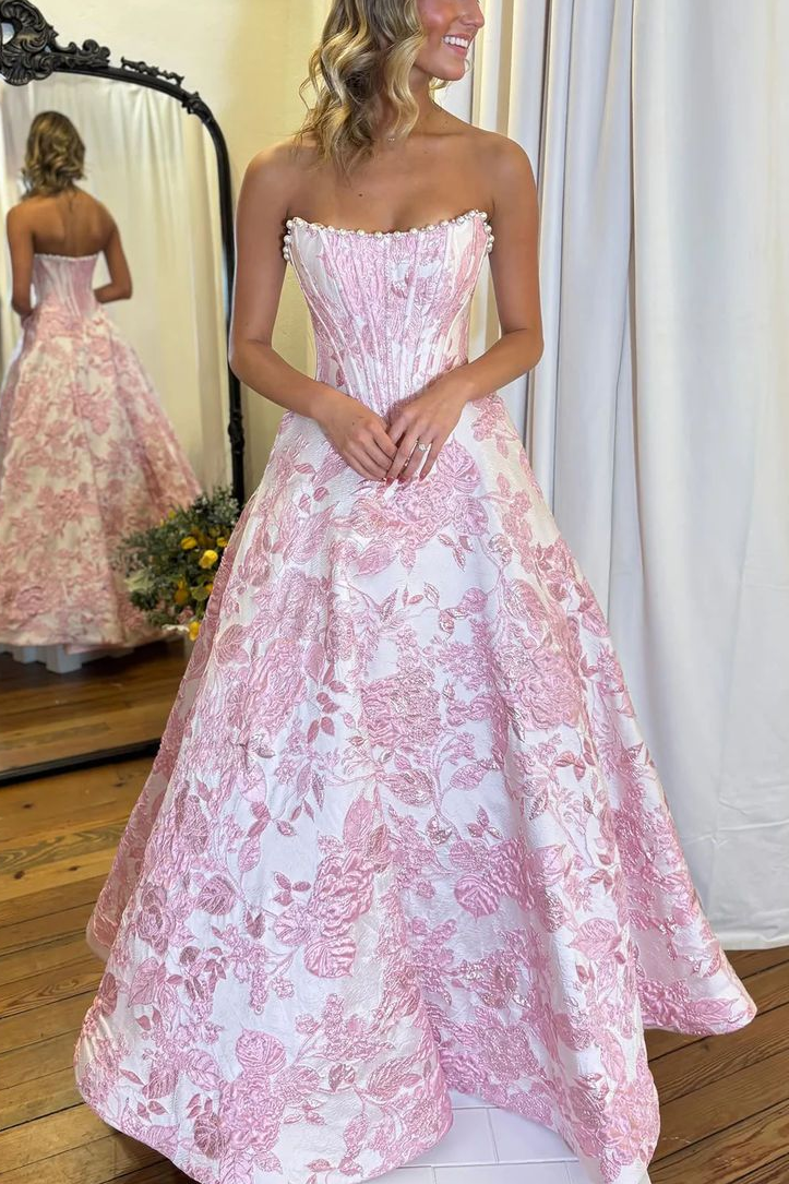 Pink Strapless A-Line Empire-Waist Sleeveless Jacquard Long Prom Dress with Pearls