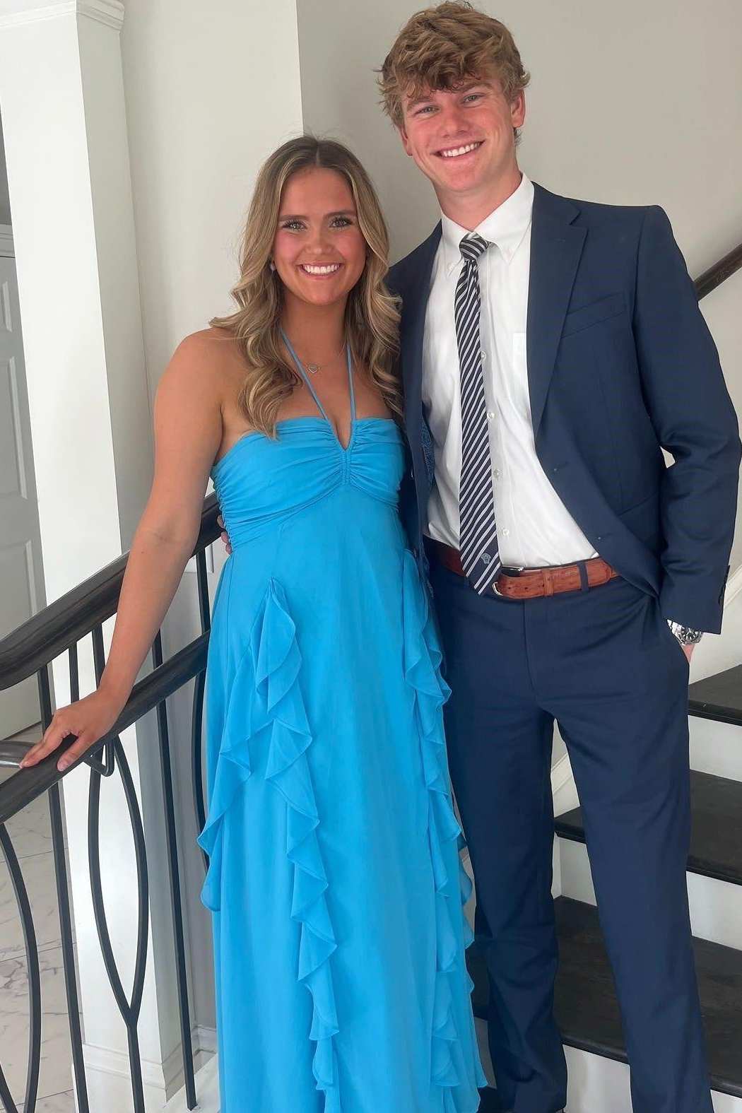 Blue Halter Ruffles A-Line Empire-Waist Sleeveless Long Prom Dress