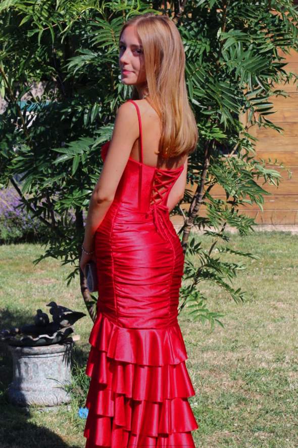 Spaghetti Straps Pleated Satin Ruffles Mermaid Side Slit Long Prom Dress