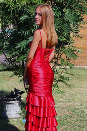 Spaghetti Straps Pleated Satin Ruffles Mermaid Side Slit Long Prom Dress