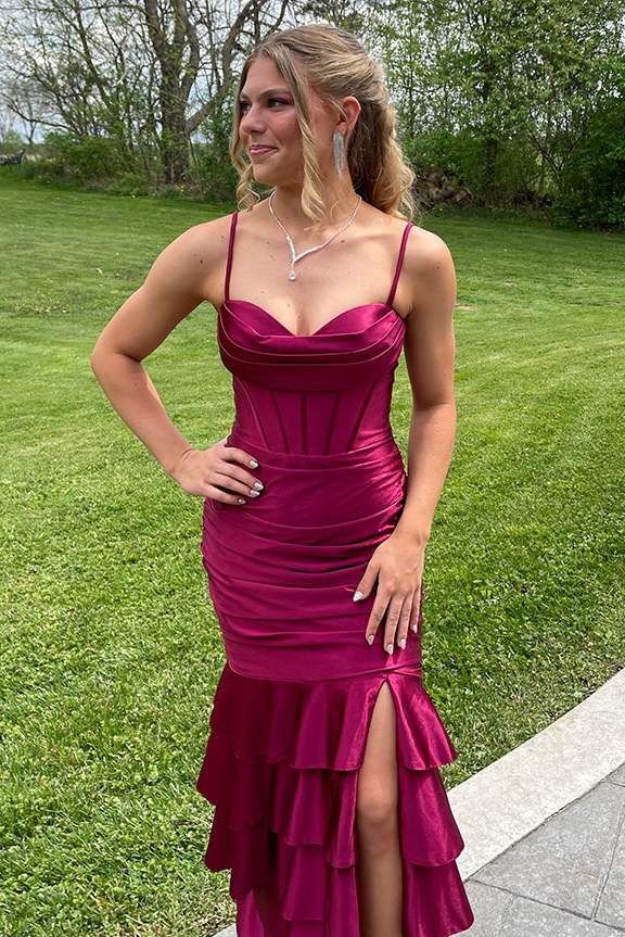 Spaghetti Straps Pleated Satin Ruffles Mermaid Side Slit Long Prom Dress