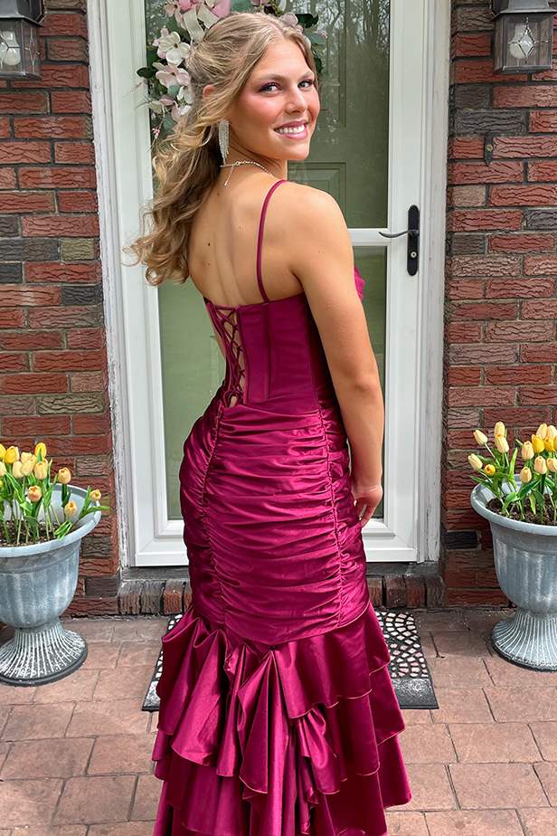 Spaghetti Straps Pleated Satin Ruffles Mermaid Side Slit Long Prom Dress