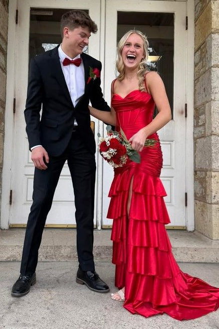 Spaghetti Straps Pleated Satin Ruffles Mermaid Side Slit Long Prom Dress