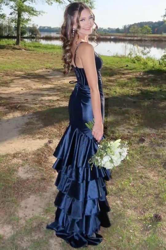 Spaghetti Straps Pleated Satin Ruffles Mermaid Side Slit Long Prom Dress