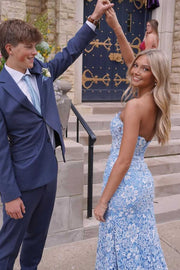 Gorgeous Strapless Lace Appliques Mermaid Long Prom Dress with Slit