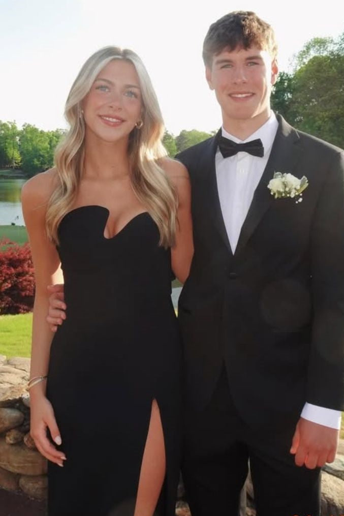 Black Strapless Irregular Sleeveless Satin High Slit Long Prom Formal Dress