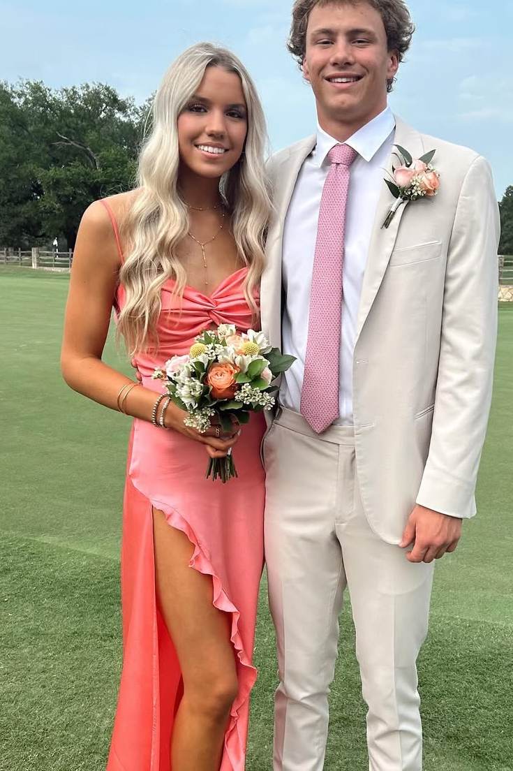 Pretty Spaghetti Straps Twist Satin Ruffles Prom Dress with High Slit