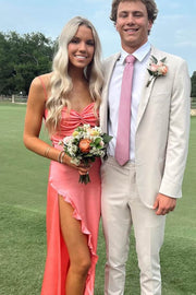 Pretty Spaghetti Straps Twist Satin Ruffles Prom Dress with High Slit