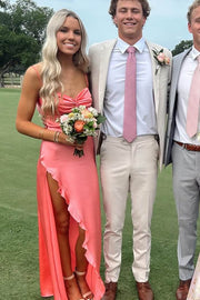 Pretty Spaghetti Straps Twist Satin Ruffles Prom Dress with High Slit