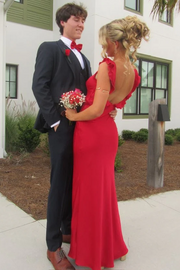 Red Elegant Straps V-Neck Sleeveless Backless Satin Long Prom Dress