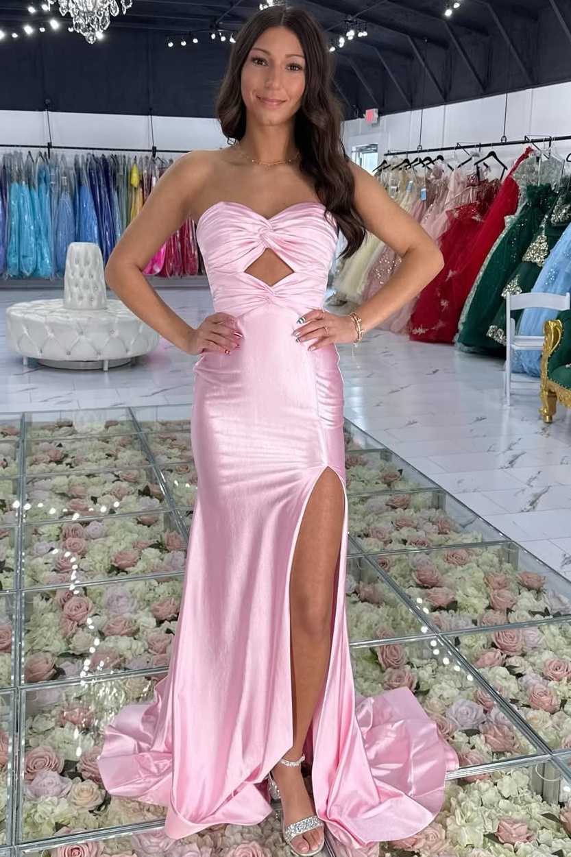 Simple Pink Twist Strapless Pleats Satin Long Prom Dress with Slit