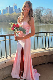 Simple Pink Twist Strapless Pleats Satin Long Prom Dress with Slit