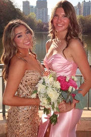 Simple Pink Twist Strapless Pleats Satin Long Prom Dress with Slit
