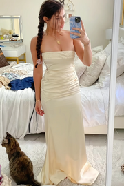 Yellow Strapless Beads Satin Pleats Sleeveless Formal Prom Dress