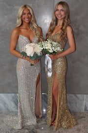 Gorgeous Strapless V-Neck Sequins Mermaid Sleeveless Prom Dress