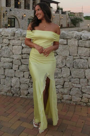 Off-Shoulder Elegant Yellow Pleats Ruffles Maxi Prom Dress with Slit