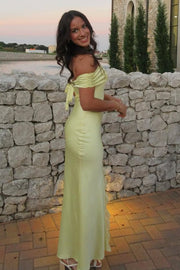 Off-Shoulder Elegant Yellow Pleats Ruffles Maxi Prom Dress with Slit