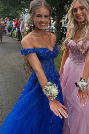 Royal Blue Off-Shoulder A-Line Appliques Empire-Waist Long Prom Dress