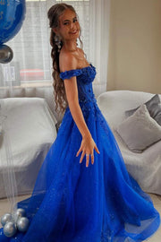 Royal Blue Off-Shoulder A-Line Appliques Empire-Waist Long Prom Dress