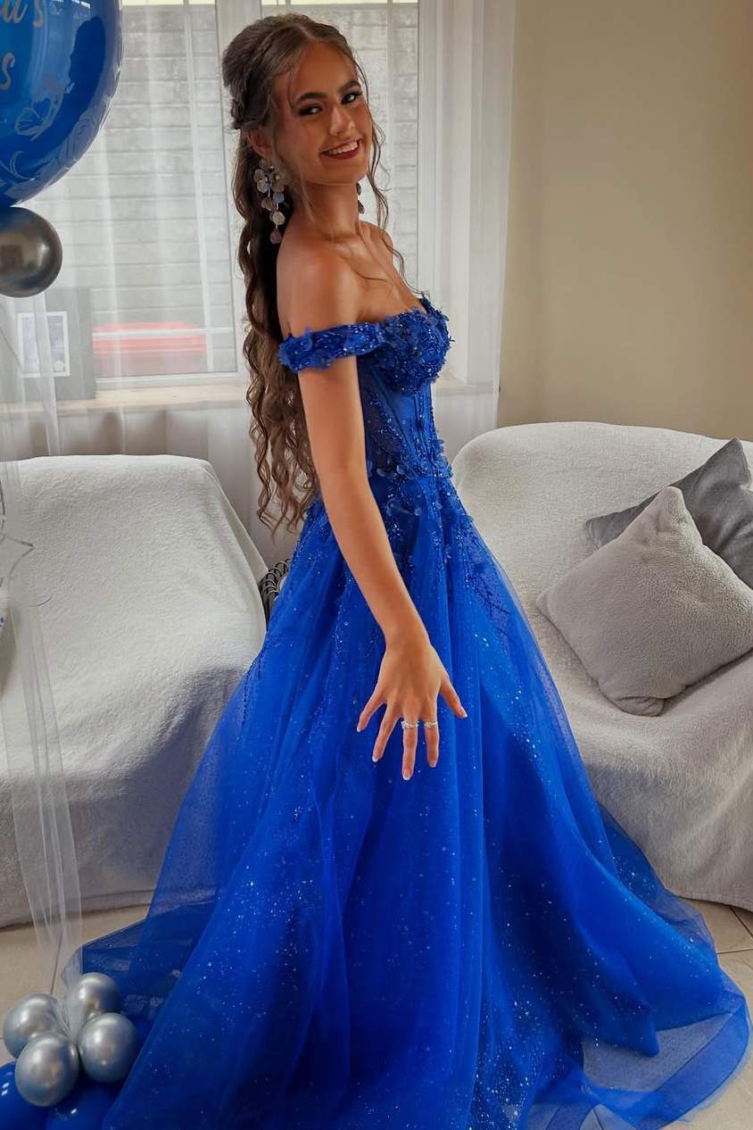 Royal Blue Off-Shoulder A-Line Appliques Empire-Waist Long Prom Dress