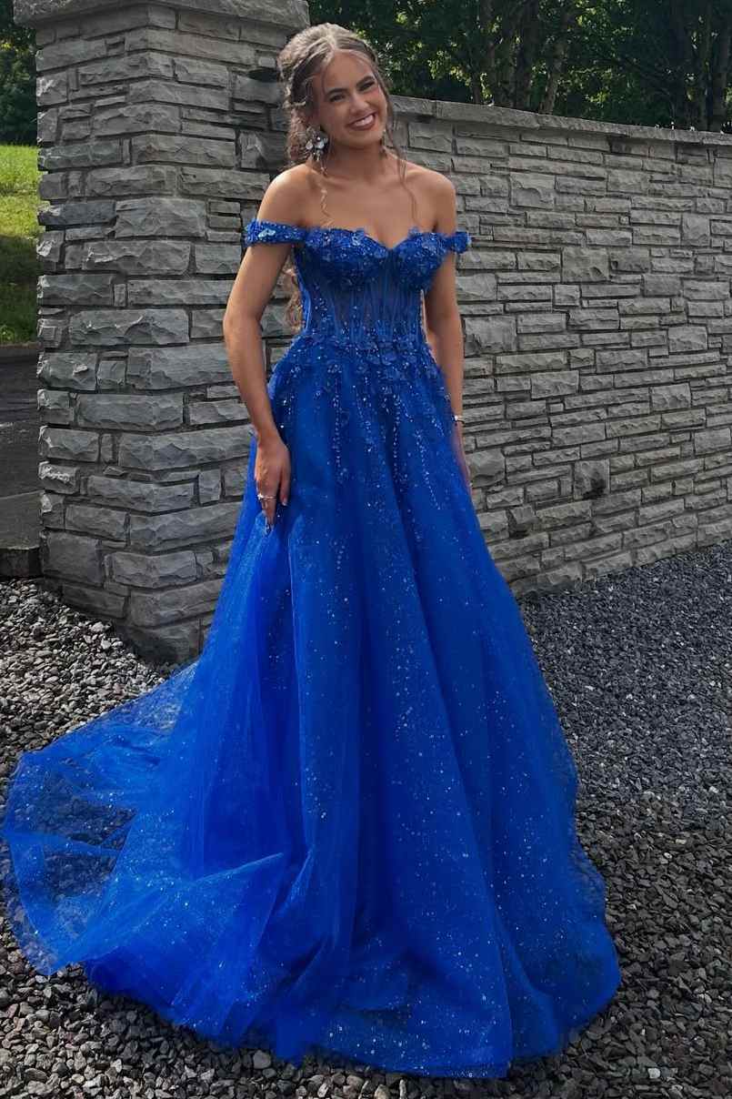 Royal Blue Off-Shoulder A-Line Appliques Empire-Waist Long Prom Dress