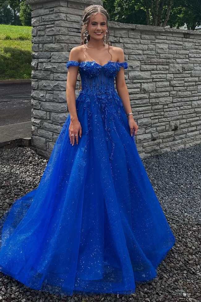 Royal Blue Off-Shoulder A-Line Appliques Empire-Waist Long Prom Dress