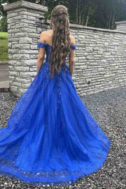 Royal Blue Off-Shoulder A-Line Appliques Empire-Waist Long Prom Dress