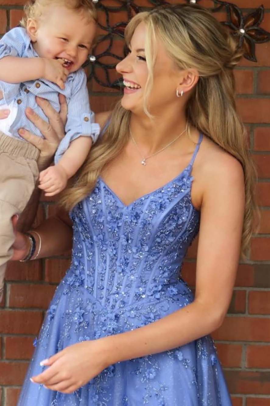 Blue Spaghetti Straps V-Neck Empire-Waist Appliques Tulle Prom Dress