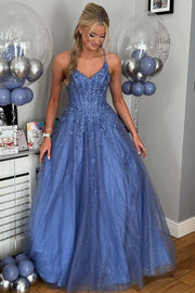Blue Spaghetti Straps V-Neck Empire-Waist Appliques Tulle Prom Dress