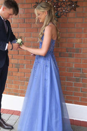 Blue Spaghetti Straps V-Neck Empire-Waist Appliques Tulle Prom Dress