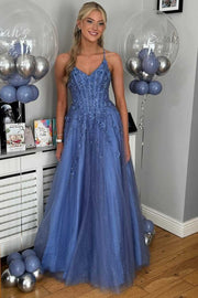 Blue Spaghetti Straps V-Neck Empire-Waist Appliques Tulle Prom Dress