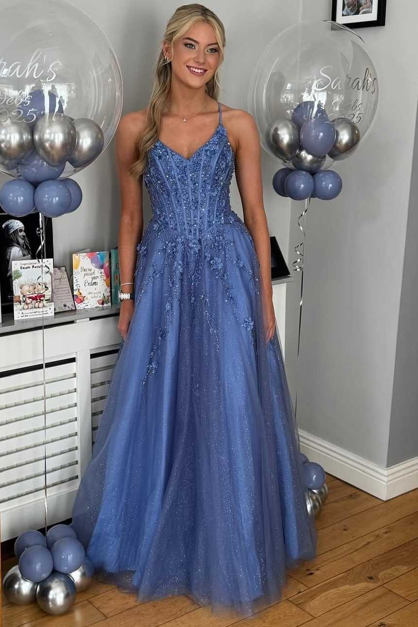 Blue Spaghetti Straps V-Neck Empire-Waist Appliques Tulle Prom Dress