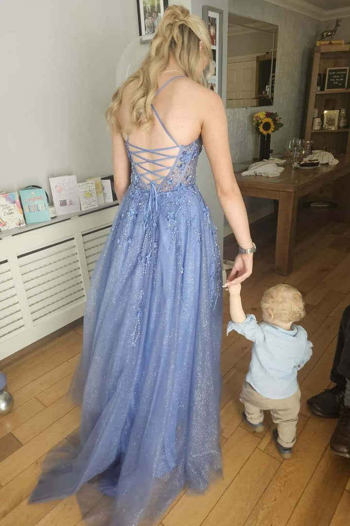 Blue Spaghetti Straps V-Neck Empire-Waist Appliques Tulle Prom Dress